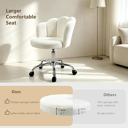 Vanity Chair with Teddy Fleece, Armless Swivel Desk Chair | Adjustable Height | 360° Swivel for Makeup | 47cm WideSeat for Bedroom, Home Office, Small Space | Up To 300lb(Cream White) thumbnail 4
