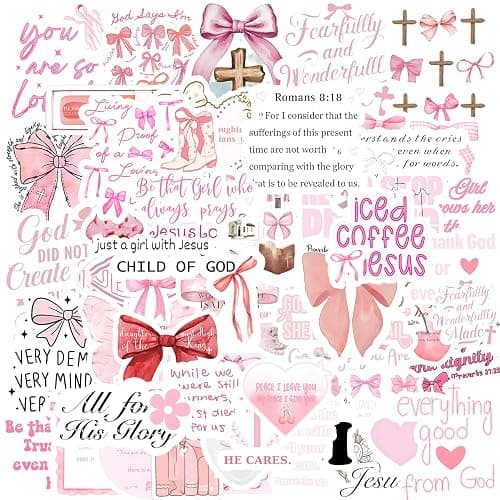 100PCS Christian Bible Verse Aesthetic Stickers,Coquette Bows Jesus Faith Stickers,Inspirational Girls Stickers,Waterproof Vinyl Stickers for Water Bottles Laptop Journal Scrapbook - Image 1