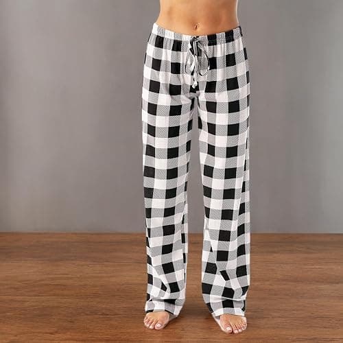 Pajamas Pants for Women 2025 Lounge Cute Plaid Pants Soft Comfy Wide Leg Trousers Sleep Bell Bottom - Small - B-black thumbnail 7