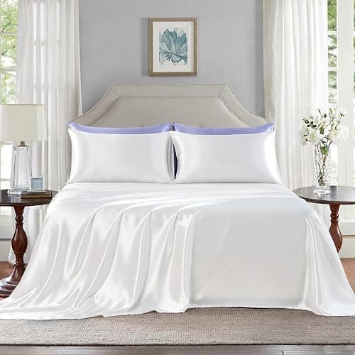 GOLAL Satin Sheets Queen Size - 4 Pieces Luxury Silky Soft Bed Sheets, Wrinkle-Free White Satin Silk Sheet Set with 1 Deep Pocket Fitted Sheet, 1 Flat Sheet, 2 Pillow Cases thumbnail 2