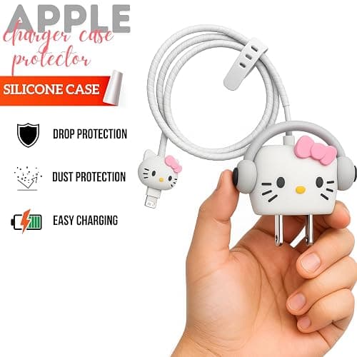 EMOH ROCED Cute Cartoon 3-in-1 20 W Charger Cover Compatible with iPhone Adapter – Compact, Durable, Portable & Protective Case with Cable Protector (White Kitty Headphone) thumbnail 5
