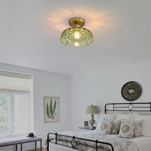 Povectolay Semi Flush Mount Ceiling Light Mid Century Modern Floral Green Glass Shade, Close to Ceiling Lighting Fixtures for Bedroom, Bathroom, Kitchen, Closet Laundry Room, Foyer and Hallway 1-Pack thumbnail 8