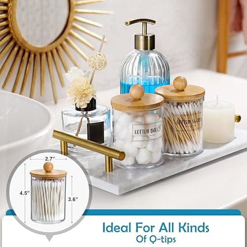 2 Pack Qtip Holder Dispenser with Bamboo Lids - 10 oz Clear Plastic Apothecary Jar Containers for Vanity Makeup Organizer Storage - Bathroom Accessories Set for Cotton Swab, Ball, Pads, Floss thumbnail 4