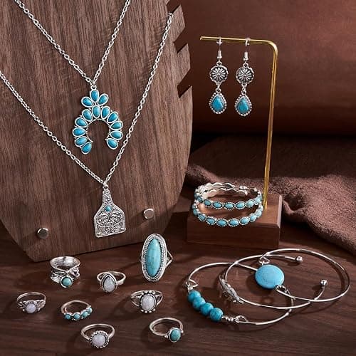 MEDOJO 26 Pcs Boho Jewelry Set for Women Bohemian Layered Western Necklace Stackable Turquoise Ring Turquoise Hoop Dangle Earrings Studs thumbnail 5