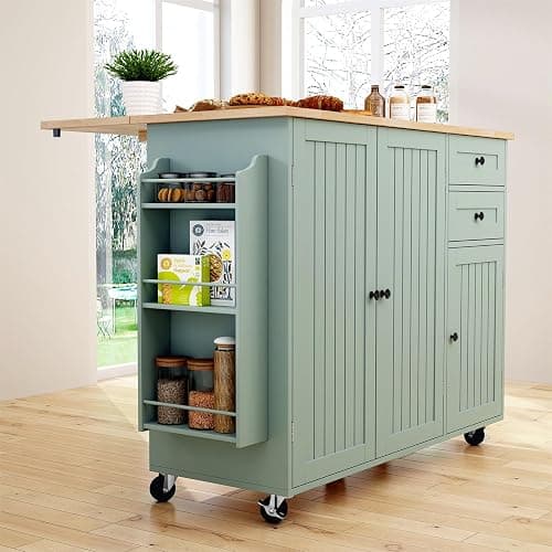 HLR Kitchen Island with Storage, Sage Green Rolling Kitchen Cart on Wheels with Drop-Leaf Bar Countertop, Islands Prep Table with Side Open Spice Rack and Tower Rack, Extra Storage for Kitchen - Green thumbnail 5