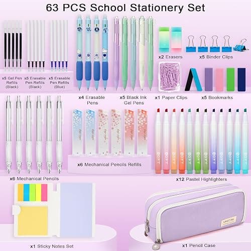 VICHOS Aesthetic Pencil Case with Stationery Included (63pcs Total), Pastel Highlighters| Mechanical Pencils| Gel Pens | Erasable Pens| More, 13-in-1 Back to School Stationery Supplies Set(Purple) thumbnail 3