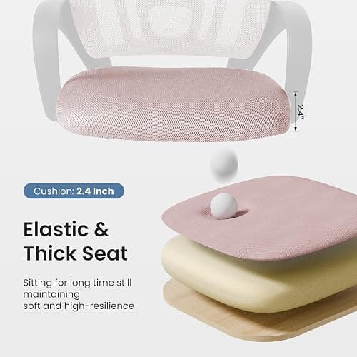 DUMOS Office Desk Chair - Ergonomic Mid Back with Lumbar Support & Rocking Mode, Height Adjustable with Fixed Armrest, Storage Back for Computer, Gaming, Conference, Meeting Room, 360° Swivel, Pink thumbnail 4