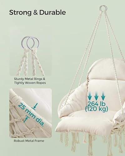 SONGMICS Hanging Chair, Hammock Chair with Large, Thick Cushion, Boho Swing Chair for Bedroom, Patio, Balcony, Garden, Holds up to 264 lb, Accessories Included, Cream White UGDC042M01 thumbnail 3