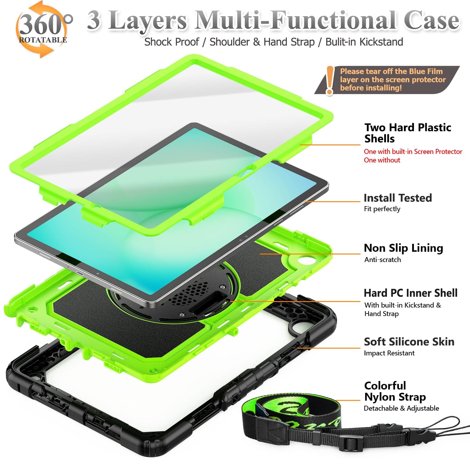 SEYMAC stock Case for Samsung Galaxy Tab A11+ Plus 11'', Full-Body Drop Protection Case with Screen Protector Pencil Holder [360° Rotating Hand Strap] &Stand, Green+Black thumbnail 7