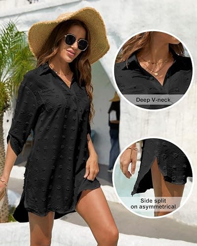 QUCH Swimsuit Coverup for Women,Beach Coverup Dresses Bathing Suit Cover Ups for Swimwear Women Swim Shirt - 14-16 - Black New thumbnail 4