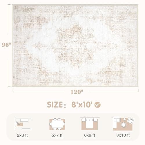 Area Rugs 8x10 Vintage Rug: Large Washable Living Room Rug Retro Medallion Distressed Rugs Soft Low Pile Non-Slip Indoor Floor Carpet for Bedroom Kitchen Nursery Dining Table Office (Beige, 8'x10') thumbnail 2