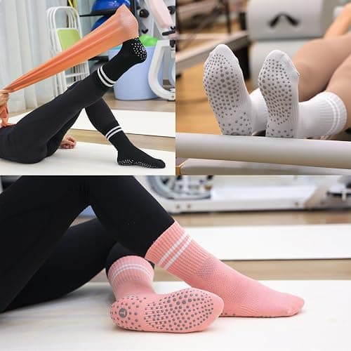 Toes Home Pilates Socks for Women with Non Slip Grippers, Yoga Crew Socks for Barre Hospital Sticky Slipper Socks 4 Pairs thumbnail 3