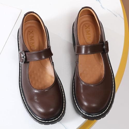XMM Mary Jane Shoes Women Oxford Shoes Leather Round Toe Flats Non-Slip Ankle Buckle Strap Comfort Casual Dressy Cosplay Party School Work Shoes thumbnail 4