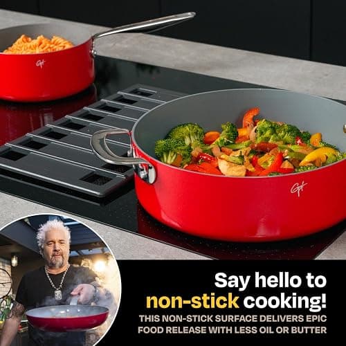 Guy Fieri's Flavortown 11-Piece Ceramic Cookware Set, Nonstick Pots and Pans for Cooking, Made without PFAS PTFE PFOA, Oven Safe, Dishwasher Safe, Easy to Clean Everyday Cookware, Red thumbnail 3