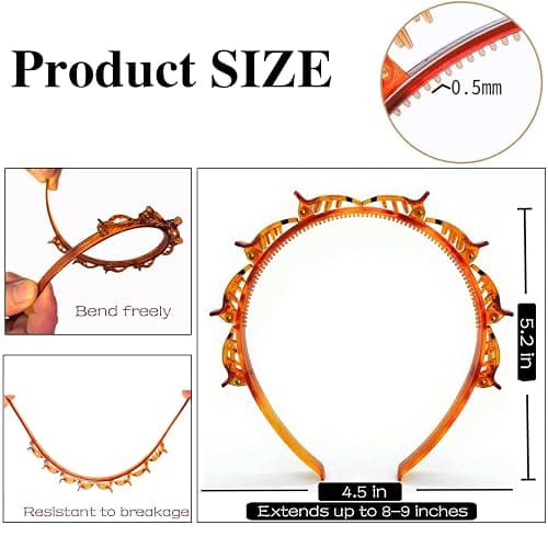 JASSINS Headband with Clips,2Pcs Braided Bang Headband with Teeth for Women | ABS Resin Hollow Woven Headband,Toothed Headband Braid Tool,8 built-in hairpins,For fits straight & curly hair(Black Brown) thumbnail 2