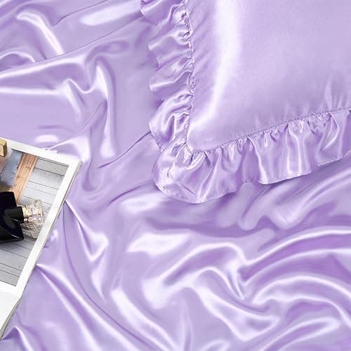 Homiest Ruffled Satin Sheets Queen Size 6pc Set, Lavender Purple Silk-Like | Silky Smooth With Pearlescent Finish, 15-Inch Deep Pocket With Ruffled Pillowcases, Gentle On Hair And Skin, Anti-Pilling thumbnail 4