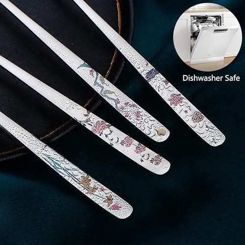 YAPULLYA Korean Soup Spoons, 18/8 Stainless Steel Long Handle 8 Inch Tablespoon, Asian Metal Dinner Spoons, Set of 4 (flowers) thumbnail 4