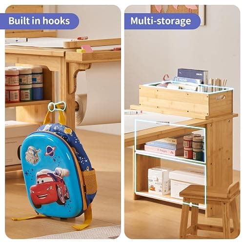 UNICOO Kids Art Table and Chair Set with Paper Roll Holder, Toddler Craft Table with Storage Shelves, Side Supply Tray, Removable Organizer Caddy and 2 Stools, Drawing Activity Desk for Ages 2-12 thumbnail 7