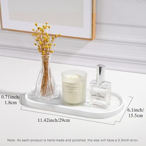 Luxspire Vanity Tray, Toilet Tank Oval Storage Tray, Resin Soap Tray, Bathroom Countertop Organization, Vanity Organizer for Candles, Soap, Towel, Plant, Medium, 11.4 Inch, Marble White thumbnail 3
