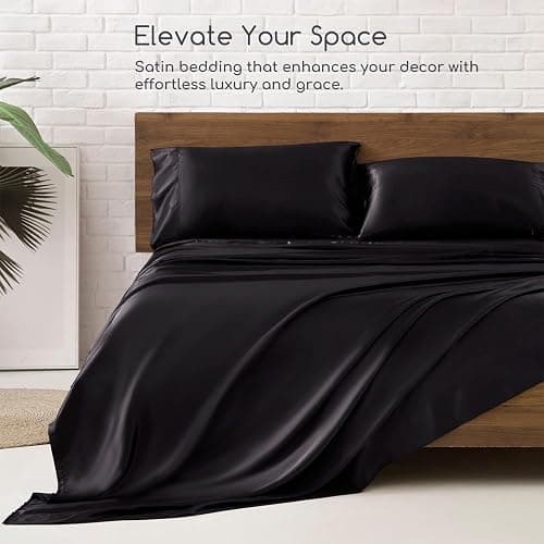 MR&HM Satin Bed Sheets, Queen Size Sheets Set, 4 Pcs Silky Bedding Set with Elastic Corner Straps and 15 Inches Deep Pocket for Mattress (Queen, Black) thumbnail 6