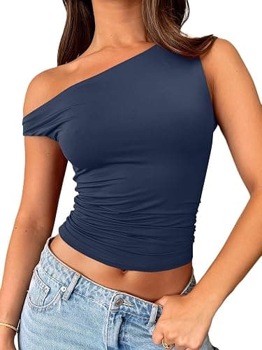 Trendy Queen Womens Summer Off The Shoulder Tops Going Out T Shirts Crop Tank Top Fashion Clothes Spring Outfits 2025 - Small - Navy - Image 1