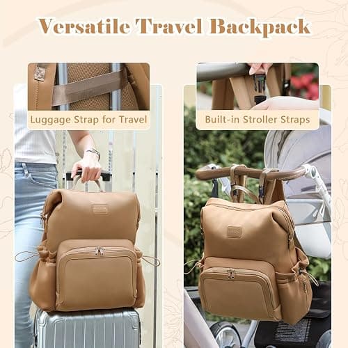 miss fong Diaper Bag Backpack - Baby Diaper Bag Neoprene Bag Large Capacity Neoprene Backpack with Diaper Changing Pad Travel Diaper Backpack Baby Backpack with 12 Pockets for Mom & Dad-Brown thumbnail 3