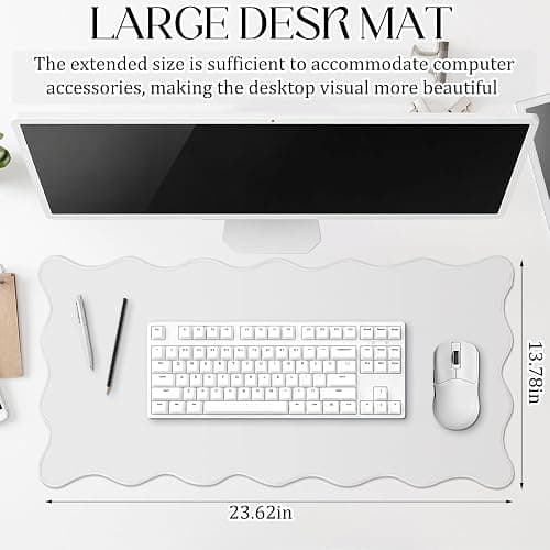 Hahafelt Scalloped Desk Mat Waterproof,White,23.6 X 13.8 Inches | Coquette Preppy Style for School Office Makeup Vanity, Nonslip Gaming Desktop Protector with Scalloped Stitched Edge Mat thumbnail 3