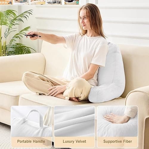 Sasttie Reading Pillow, Velvet Back Pillow for Bed Sitting Up, Adult Back-Rest Support Cushion with Arms for Sit Up on Couch, Sofa, and Floor, Dorm Essentials, Reading Accessories, White thumbnail 4