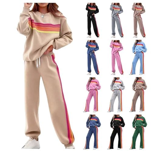 Women 2 Piece Lounge Set Rainbow Striped Sweatshirt High Waist Sweatpants Color Blocked Suit Matching Sweatsuit thumbnail 4