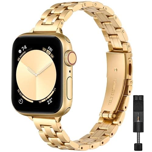 STIROLL Thin Replacement Band Compatible for Apple Watch 38mm 40mm 41mm 42mm(Series 11 10), Stainless Steel Metal Wristband Women Men for iWatch Ultra SE Series 9 8 7 6 5 4 3 2 1, Gold - Image 1