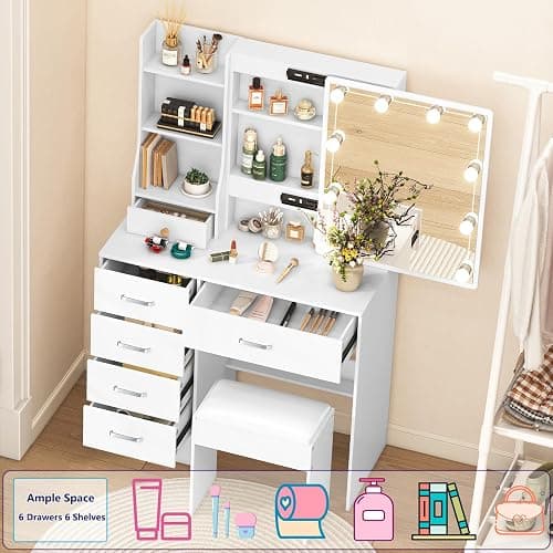 Caulitar White Vanity Desk with Mirror and Lights, 6 Drawers 6 Shelves 1 Stool & 3 Modes Slide Mirror Makeup Vanity for Teens Girls Bedroom, 51.6" H thumbnail 5