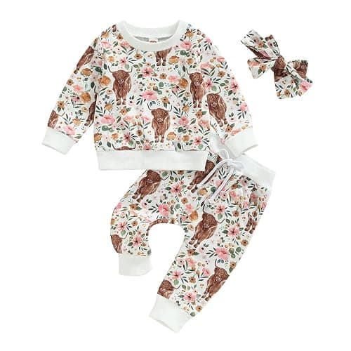 3Pcs Baby Girl Outfits Daisy Sweatshirt + Pants + Headband Infant Fall Winter Clothes - Image 1