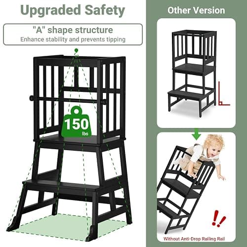 COSYLAND Kids Kitchen Step Stool Helper Baby and Toddler Multi-Function Step up Nursery Helper Stand with Safety Rail in Natural Bamboo, Strong and Lightweight 1.5-3 Years (Black) thumbnail 4