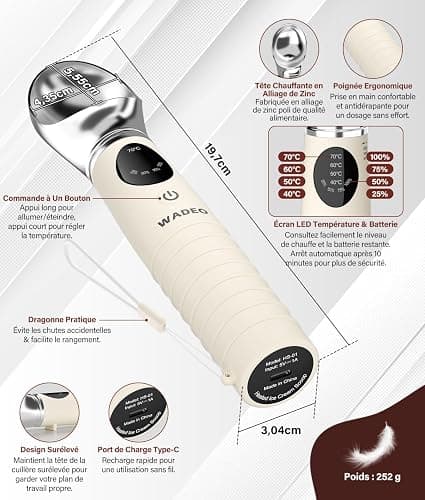 WADEO Cuillère à Crème Glacée Chauffante, Cuillère à Boule Glace Électrique | avec Écran LED, 4 niveaux Chaleur 40-70°C & Étanche IP67, 2500 mAh, Prélever Facilement Glace Dure, Lavable au lave-vaissel thumbnail 7