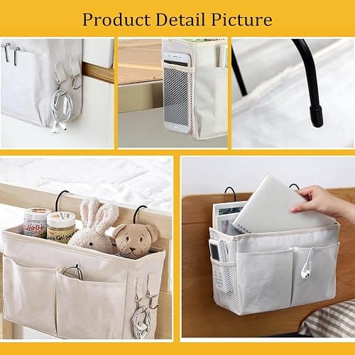 Bedside Caddy Organizer/Bedside Hanging Storage Bag Multi-Function Caddy for Bunk bed Hospital Beds Dorm Bed Rails, Holders Books Glasses Phones Magazine(White) thumbnail 4