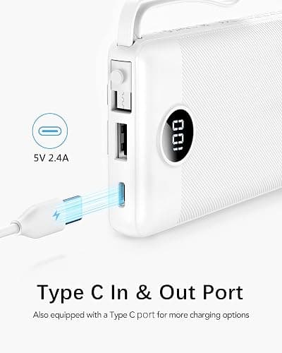 VRURC Portable Charger Power Bank, 10000mAh Travel Essentials Battery Pack, 5 Outputs 2 Inputs Slim Charing Bank Built-in Cables Cords Wires Compatible with iPhone,Samsung,Android-White(1 Pack) thumbnail 4