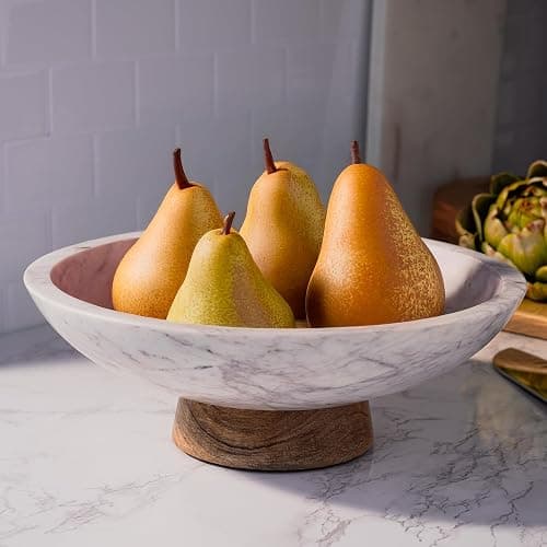 Cork & Mill Marble Decorative Bowl for Home Decor - Handcrafted Natural Stone with Acacia Wood Pedestal - Versatile 11" Catch All for Entryway, Kitchen Fruit Bowl, Potpourri, Dining Table Centerpiece thumbnail 4