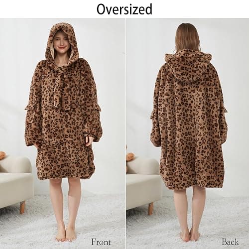 Softan Blanket Hoodie, Oversized Wearable Blanket for Adult Women and Men Gifts, Super Cozy Warm and Soft Hooded Blanket Sweatshirt, Brown Cheetah Print Faux Fur Blanket Sweatshirt with Large Pocket thumbnail 4