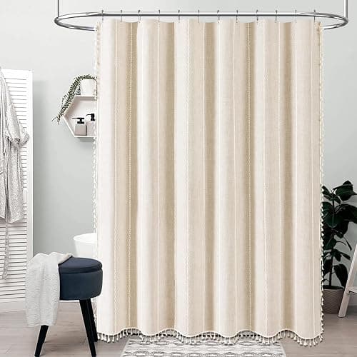 BTTN Boho Shower Stall Curtain - 48x72 Narrow Farmhouse Linen Ultra Thick Tassel Fabric Shower Curtain Set with 8 Hooks, Half Striped Camper RV Modern Country Shower Curtains for Bathroom, Cream/Beige thumbnail 6