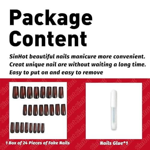SINHOT Square Press on Nails Long - Goth Black & Red Ombre Gothic Style Squoval Nail Art, DIY Fake Nails with Glossy Glue on Nails, 24Pcs thumbnail 5