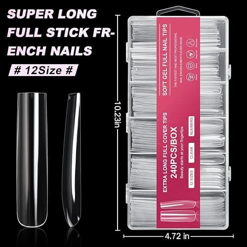 AORAEM Extra Long Square Full Cover Nail Tips 240PCS XXXL Clear Full Cover Fake Nails False Nails 12 Sizes Tapered Square Press on Fake Nail Tips for Acrylic Nails Salons Home DIY with Box thumbnail 2