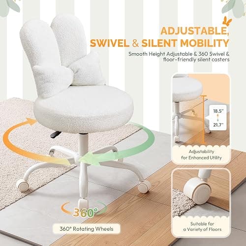 VINGLI Playful Rabbit Ear Swivel White Vanity Desk Chair with wheels&Bow Pillow,Cute Comfy Small Armless Adjustable Rolling Stool for Bedroom/Home Office,for Kids,Teens,Girls,Women,Adults,Teddy Fleece thumbnail 6