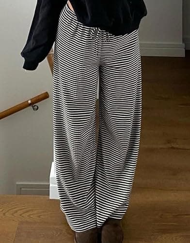 codcm Womens Comfy Pajama Pants Striped Low Waisted Lounge Pants Elastic Waist Drawstring Long Trousers thumbnail 4