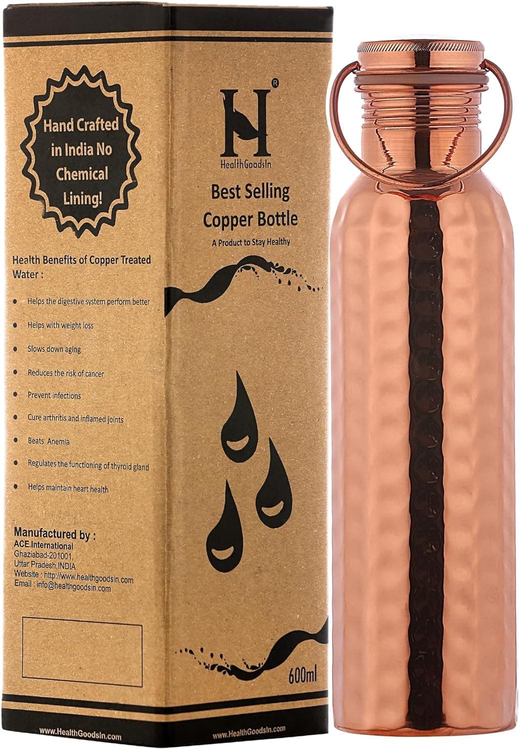HealthGoodsAU - Pure Copper (99.74%) Hammered Water Bottle with Carrying Handle | Leakproof Seamless Water Bottle for Ayurvedic Benefits 600 Ml (20.28 Fluid Ounce) - Image 1