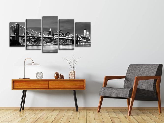 Wieco Art New York Brooklyn Bridge Canvas Wall Art Night View 5 Panels Modern Landscape Artwork Canvas Prints Abstract Pictures to Photo Canvas Wall Decor for Home & Office Decorations thumbnail 3