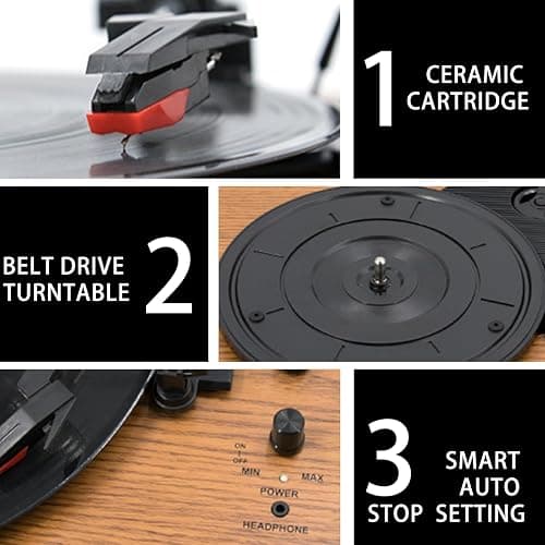 MPK Vintage Style 3 Speeds Wireless Input Record Player, Built-in Dual Premium Speakers,Belt Drive,RCA Output,Aux in,Fulll Size Platter Turntable, Yellow Wood thumbnail 3