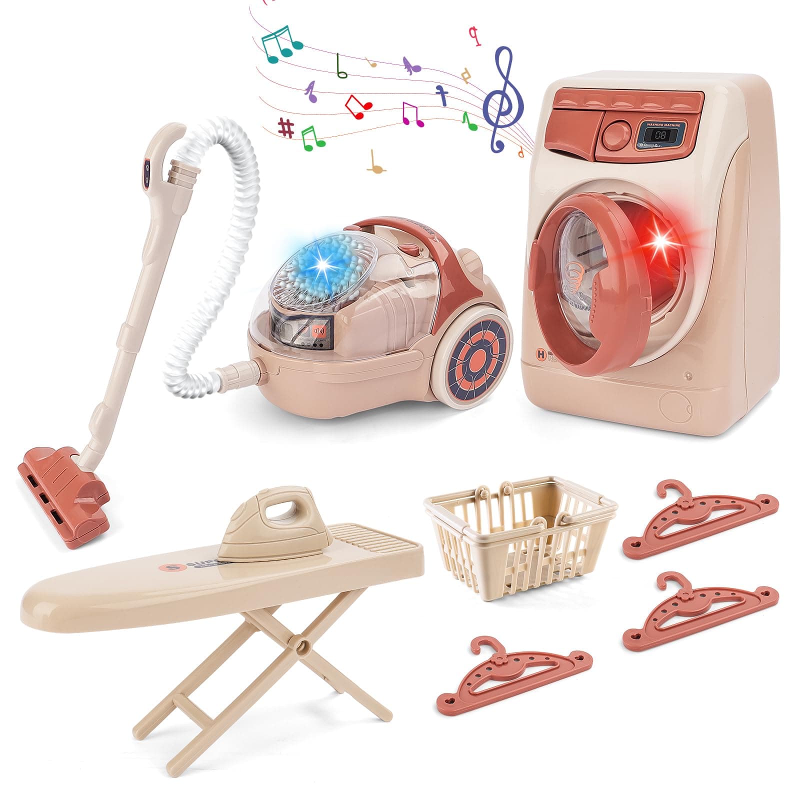 deAO Toy Washing Machine & Vacuum Playset, Mini Washing Machine Laundry Set with Lights & Sounds Effects, Washer and Iron Set for Boys & Girls - Image 1