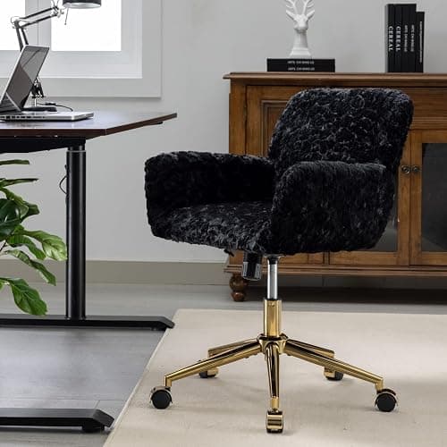 Beuiosda Faux Fur Vanity Makeup Desk Chair, Comfy Upholstered Office Chair with Wheels and Gold Metal Base, Modern Accent Swivel Vanity Chair Adjustable High, Chassis Can Be Tilted 40° (Black) thumbnail 4