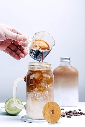 ANOTION Mason Jar with Lid and Straw, 24 oz Regular Mouth Mason Jars with Handle Drinking Glasses Tumbler Reusable Cups Smoothie Water Bottles for Iced Coffee (Classic 2 cups Style) thumbnail 2