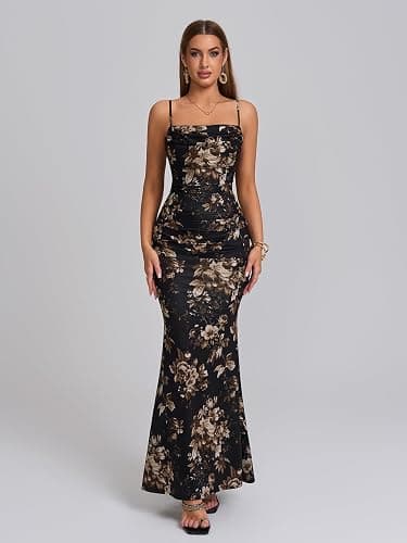 EYNMIN Women's Sleeveless Bodycon Corset Maxi Dress Spaghetti Strap Ruched Elegant Evening Wedding Guest Long Formal Dresses - Small - Black Floral thumbnail 2